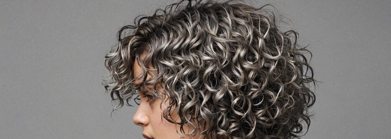 Image shows a grey background and a woman with curly hair seen from the side in the middle of the image.