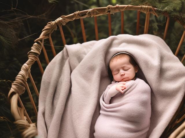 Baby sleeping in a cradle in a forest