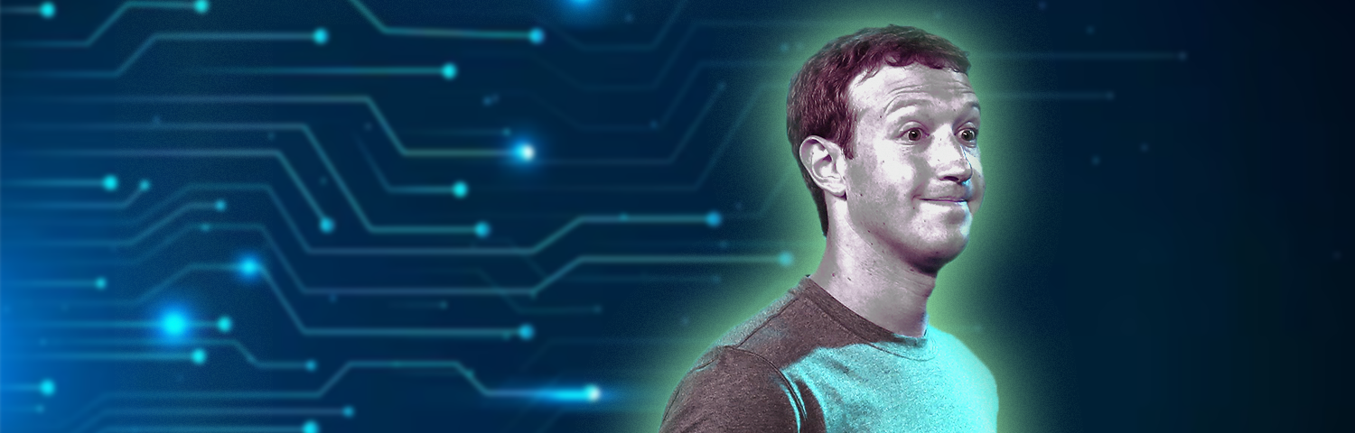 An irradiant robotic-looking Mark Zuckerberg stares off screen over an artistic, circuit-like background.
