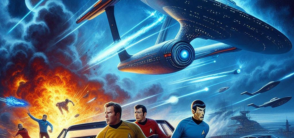 An AI generated “movie poster”. It shows Kirk, Spock and one other Starfleet officer in a high speed car chase. There’s an explosion in the background and the Enterprise flying overhead.