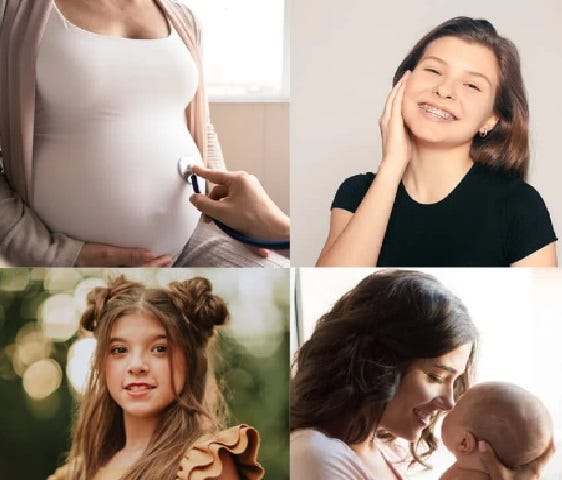 Reproductive healthcare. Four images. 1) Pregnant woman’s belly, 2) teen girl, 3) teen girl, 4) woman with baby.