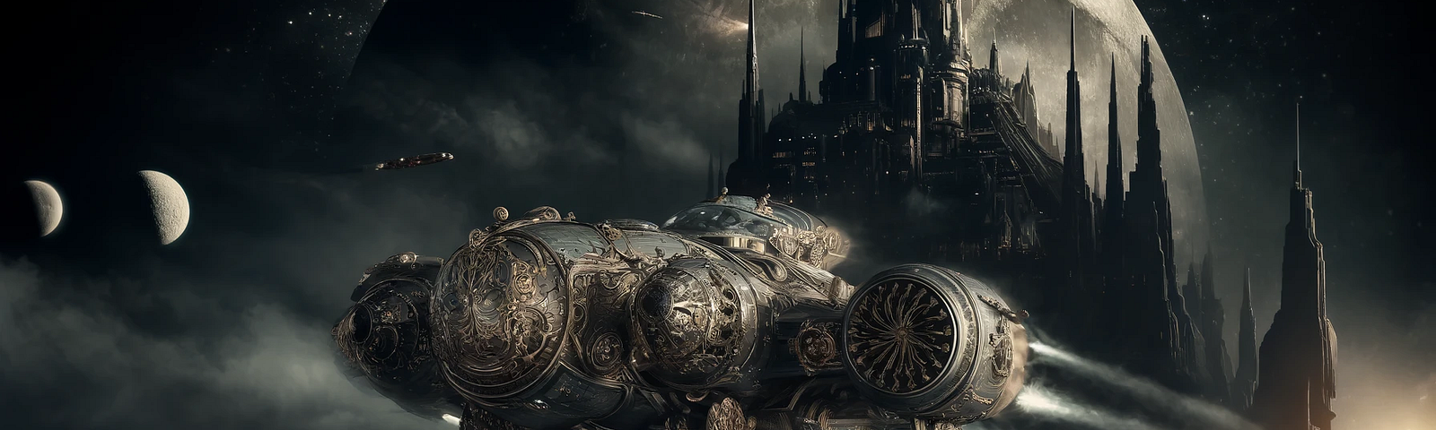 A steampunk style hovercraft silently gliding through the dark void of space, approaching a foreboding lunar base.