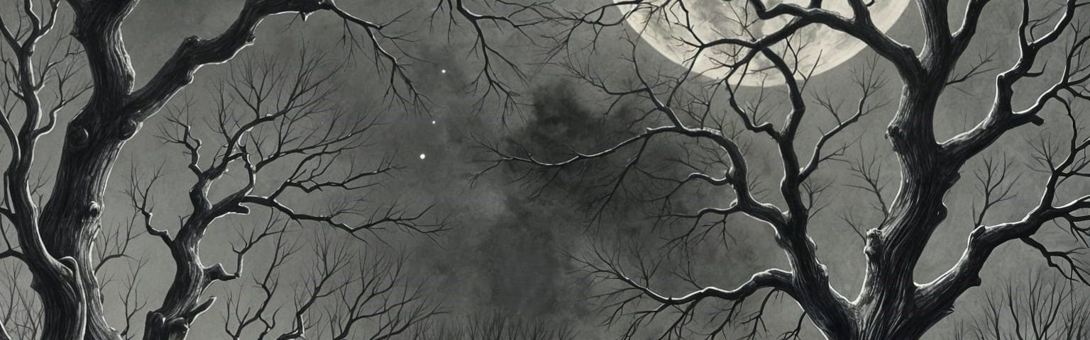 Black and white picture of a forest with spooky trees, a full moon, and a red fox sitting on a tree limb