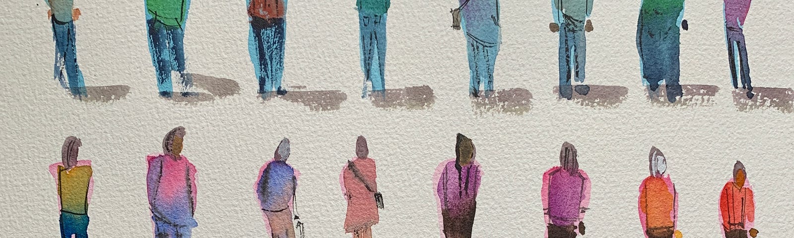 A series of watercolor figures on a sheet of watercolor paper