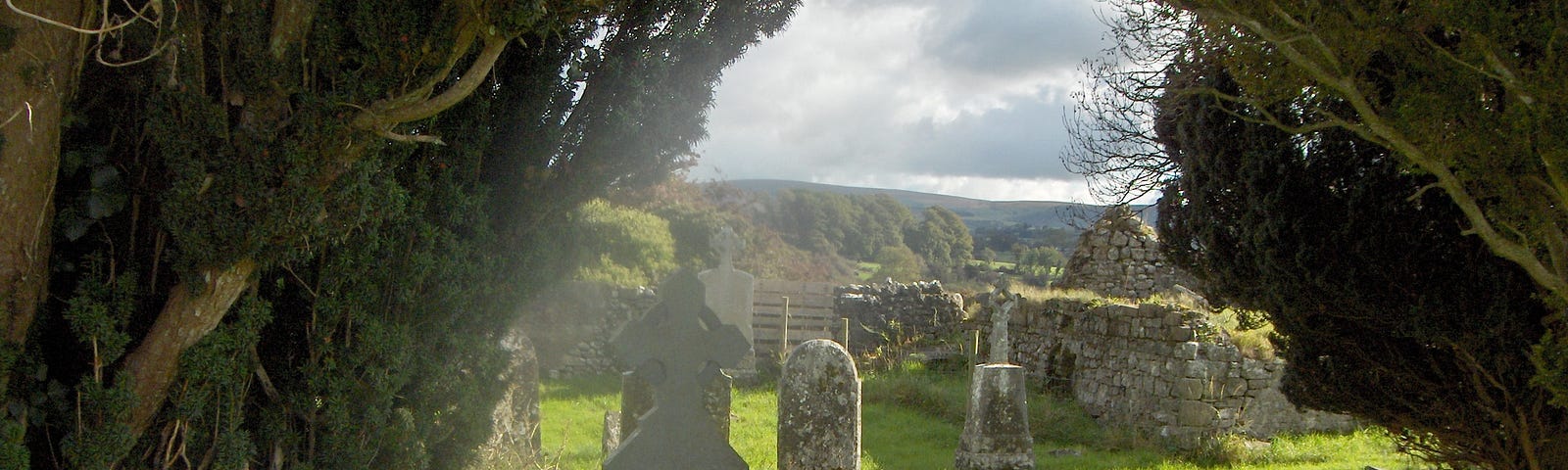 Irish graveyard, daytime with mist, tombstones between an arc of bushes.