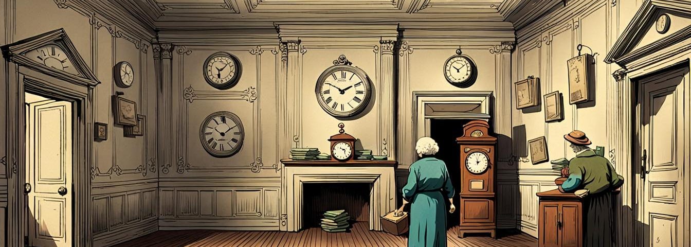 Old woman in large room with many clocks