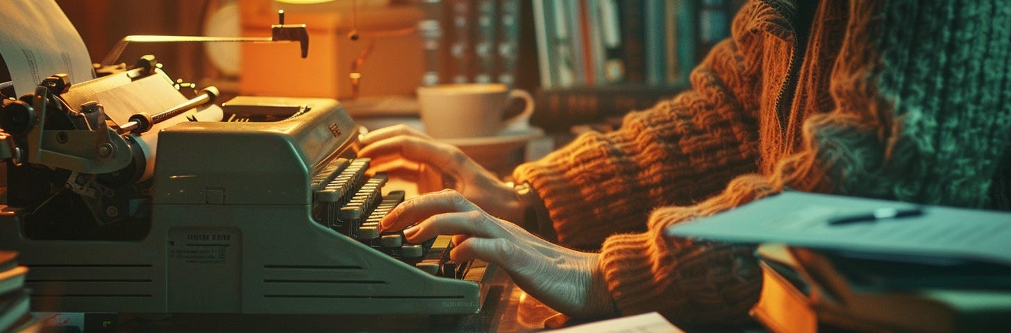 An author crafts stories on a vintage typewriter surrounded by piles of paper and books