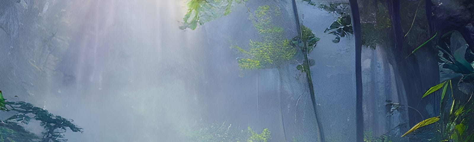 Enlightened jungle with sunrays beaming through a tree canopy.