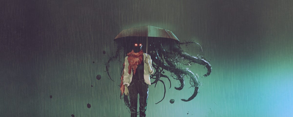 Image: Figure sheltering under an umbrella, but which is full of dark tentacles.