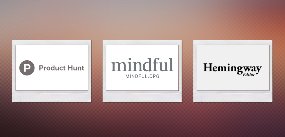 Graphic showing the logos of the three unexpected websites — Product Hunt, Mindful.org, and Hemingway Editor.