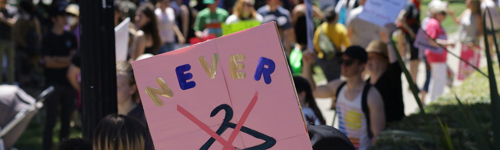 People protesting, with a pink sign in the foreground containing the words “Never Again” and an image of a crossed-out coat hanger