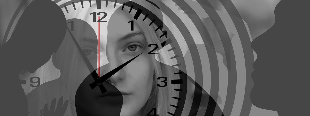 Woman with transparent black and white clock ticking in front of face