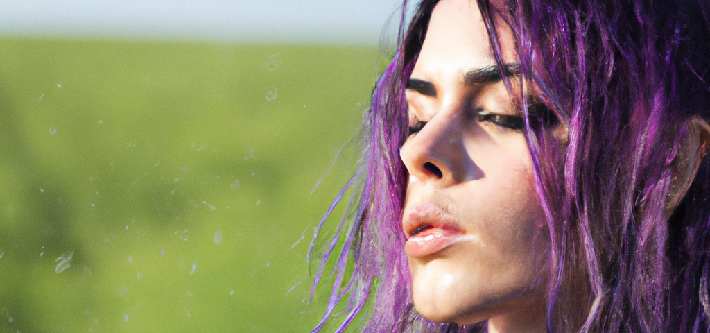 A woman with wet purple hair.