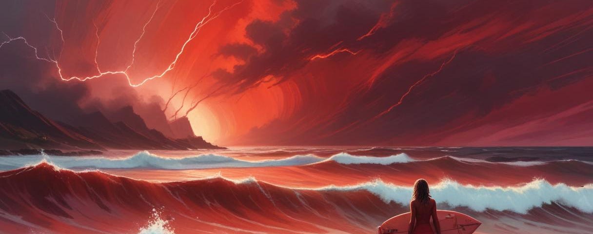 female surfer in a storm, red sky, red hair. digital art
