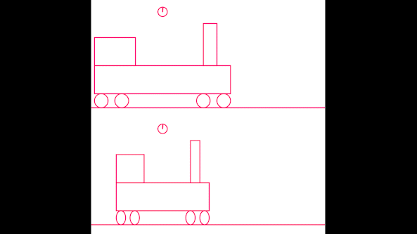 Two locomotives moving at different speeds causes the fastest one to appear shorter than the slower one.