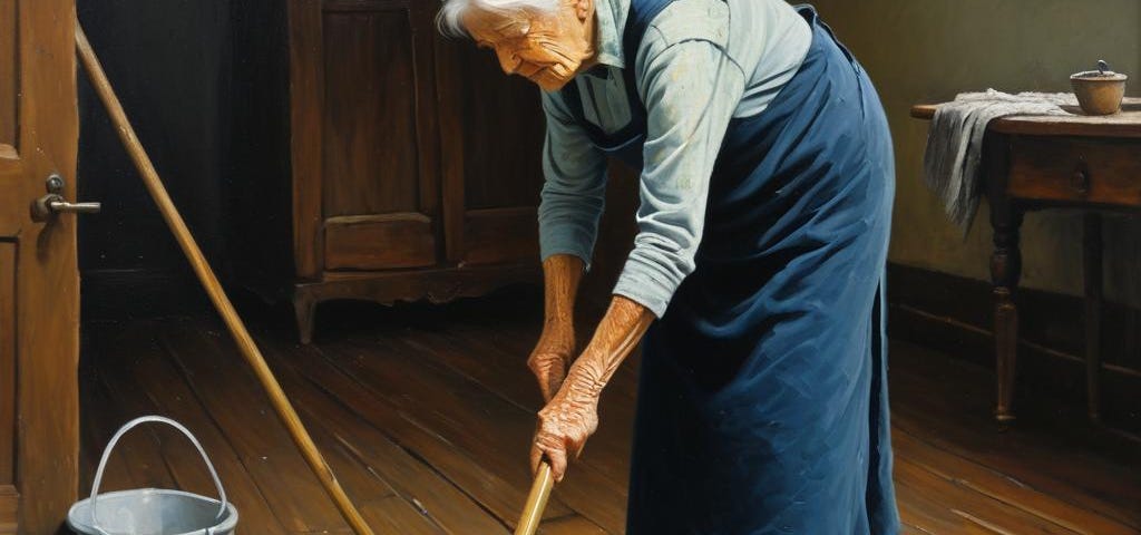 Oil painting of an older woman mopping a hardwood floor