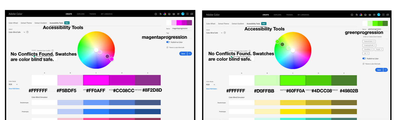 First step in creating a MG Comp 9 data class diverging theme: Check Magenta and Green Progressions for color deficiencies.