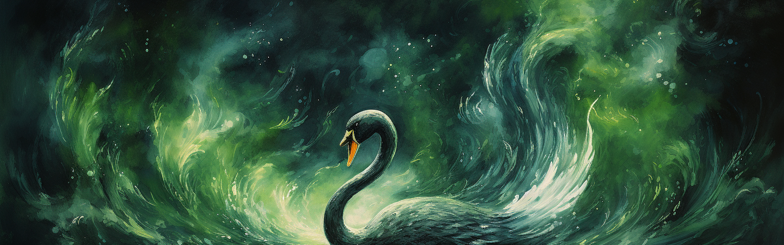 a black swan with green swirls and flames around it