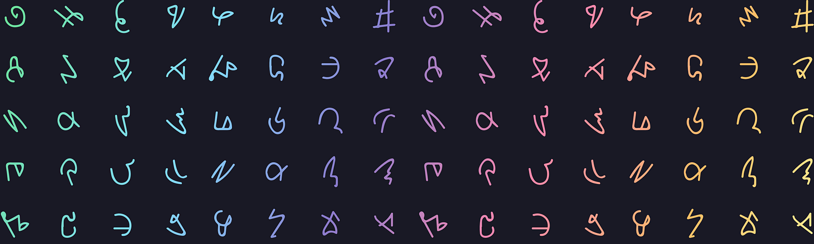 Repeated multi-colored symbols over a dark background