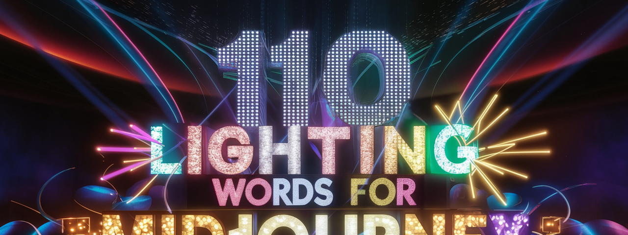 A futuristic and immersive nightclub setting, where a digital art piece comes to life with vibrant colors and dynamic lighting effects. The centerpiece of the display is the phrase “110 Lighting Words For MidJourney,” with each word illuminated differently to create a captivating visual experience. The “110” is emphasized with Quantum Dot Lighting, while the “Lighting” and “Words” are highlighted with neon and festival lights, respectively. The word “For” emits a warm, inviting light, and the wo