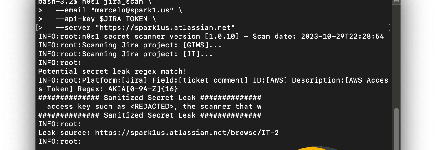 A bash terminal running n0s1 secret scanner that is flagging an AWS access token exposed in Jira. n0s1 icon on the bottom left corner