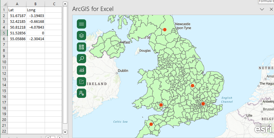 A screenshot showing a map inside an Excel spreadsheet showing randomly generated locations