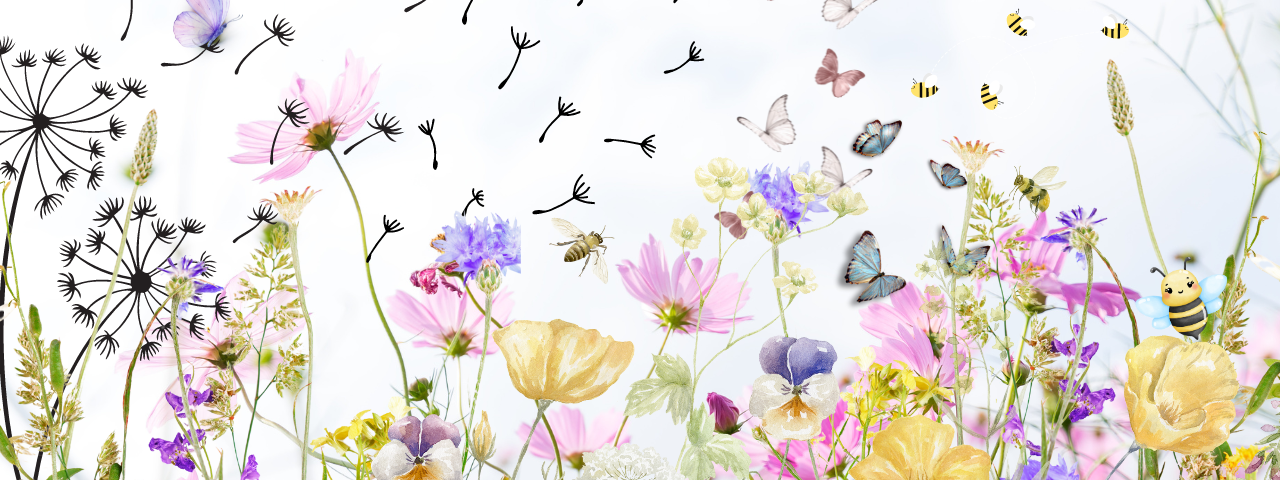 AI image of different wildflowers and butterflies. You can see pinks, purples, yellows, and oranges