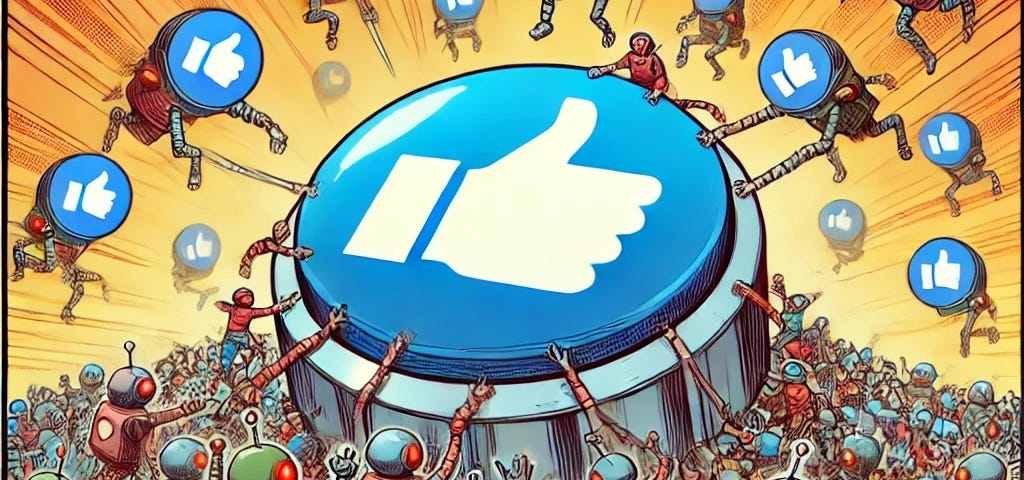 IMAGE: A social media thumbs up button surrounded by a large crowd of social media bots trying to push it