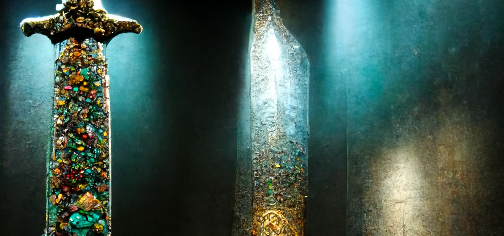 A jewelled sword in shadowy light.