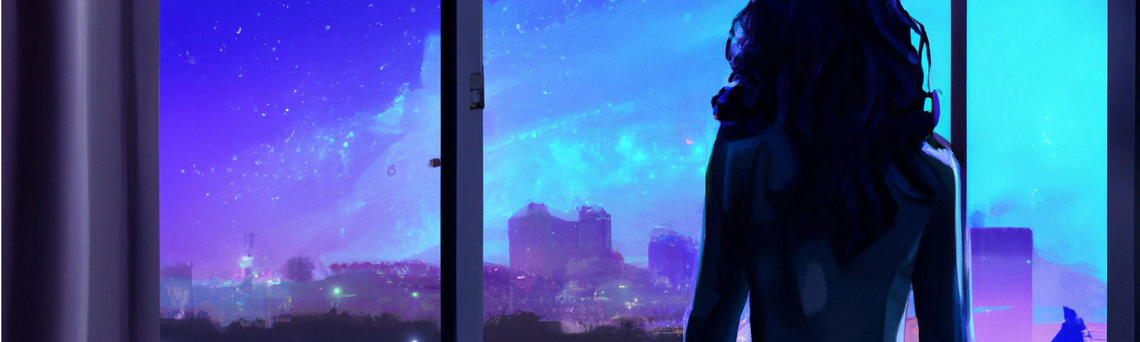 Digital painting of a dark-skinned woman in office clothing and with long black hair with her back turned to the camera as she’s looking through a window at a view of a night-time city.