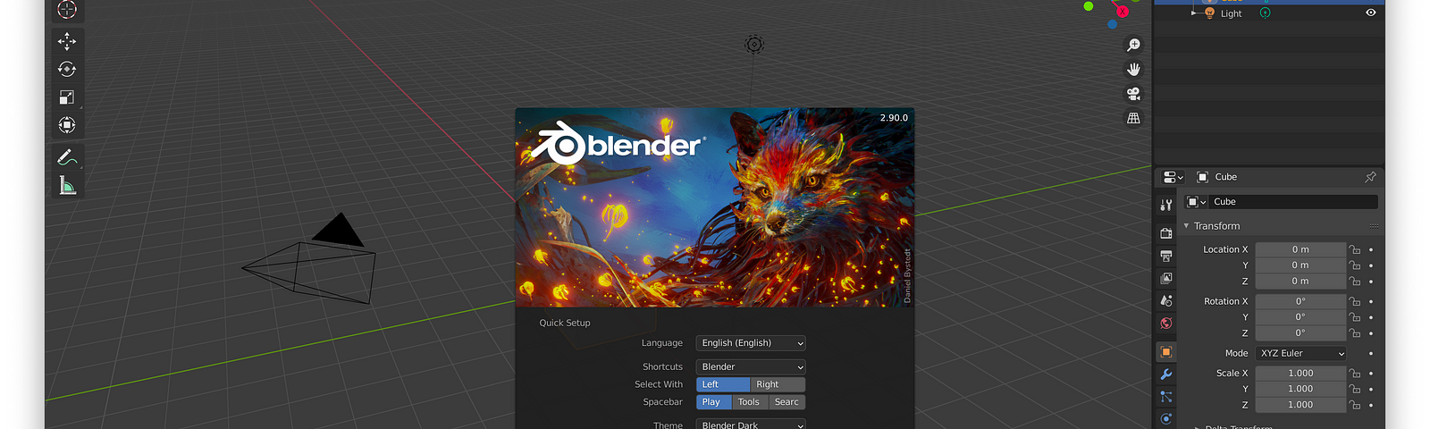 A screenshot of the startup screen of a newly installed Blender programme version 2.90.0