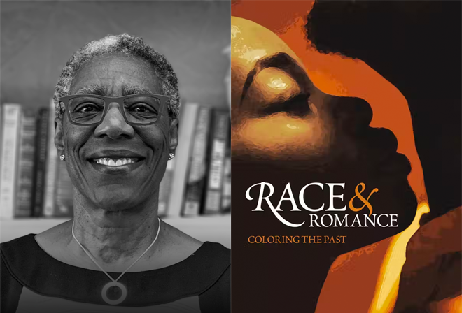 Headshot of Margo Hendricks next to to cover image of her book, “Race and Romance: Colroing the Past.”