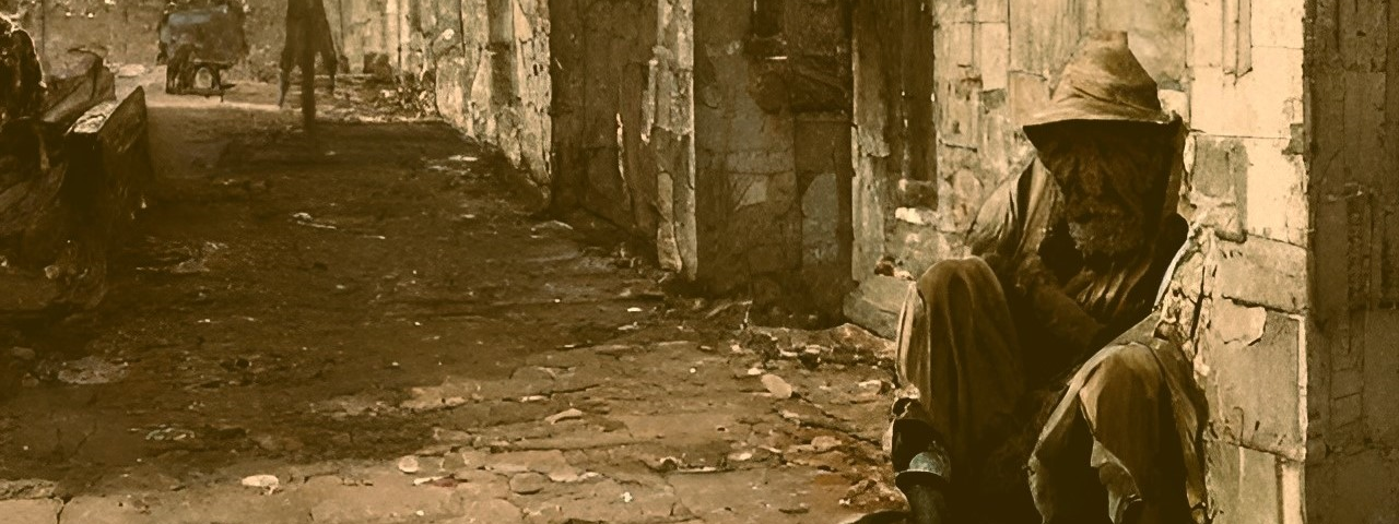 Sepia tone illustration of a homeless man leaning against a stone wall
