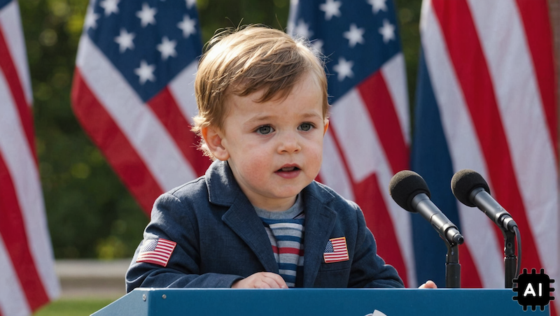 Two-year-old boy wearing a suit jacket with American flag decals speaks at a blue podium. American flags are in the background. My toddler was elected mayor of my town, perhaps this is the best route to go in the upcoming presidential election.