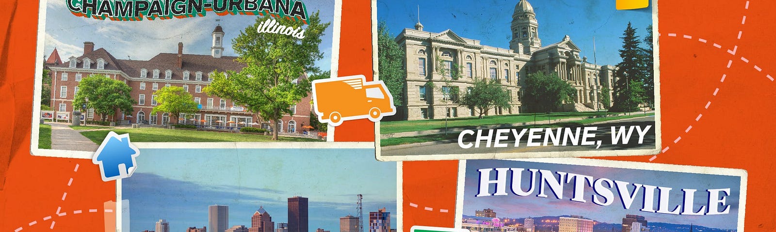 A graphic featuring postcards of four US cities.