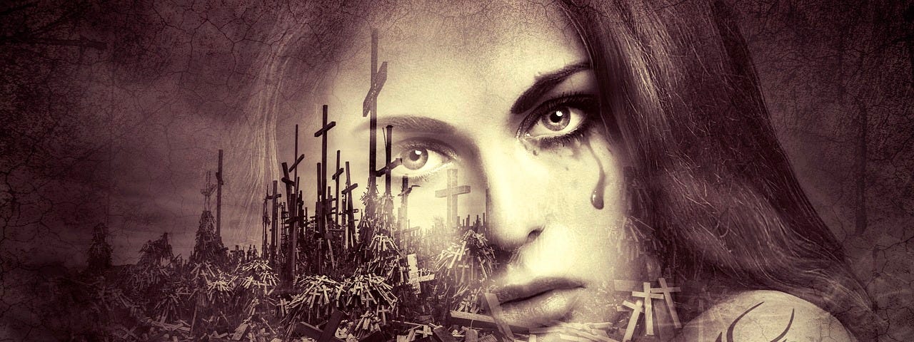 A woman’s face, black tears from running makeup, superimposed over a picture of hundreds of crosses.