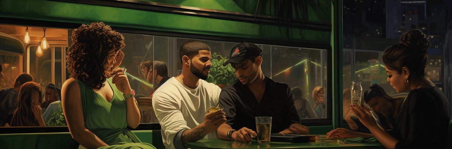 Drake and friends sitting in a cocktail lounge