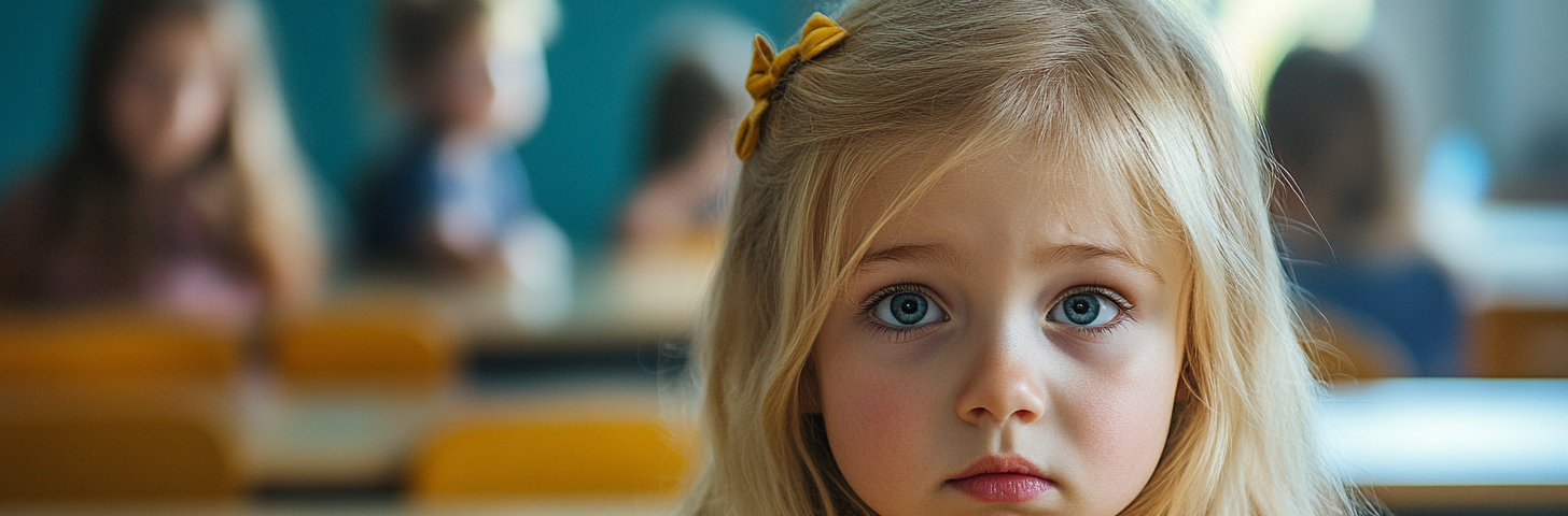 A sad little blonde girl with ADHD in a classroom setting, responding to being criticized by a teacher.