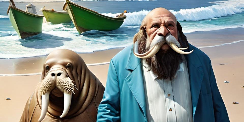A color illustration of a human-like walrus and a walrus-like human walking on a deserted beach. Created by Frank Moone using dream.AI