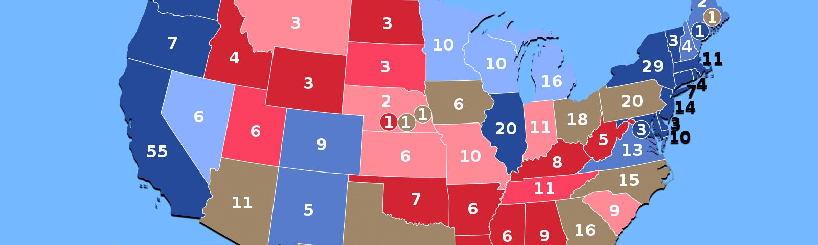 map of the united states with each state’s number of electoral votes and party-majority color