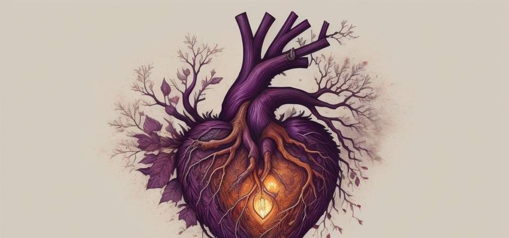 combination anatomical and love heart image, color purple, grown from roots and sprouting purple leaves, glowing from within