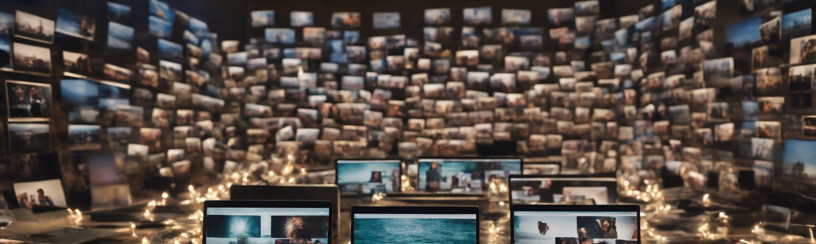 Laptops surrounded by walls of photos.