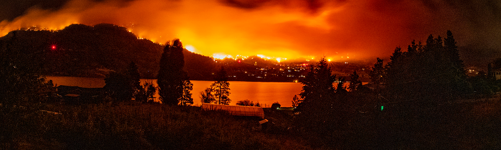A forest fire burns in the Okanagan Valley lighting up the night sky.