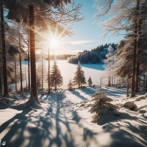 Image of trees, snow and bright sunshine produced by AI using Microsoft Bing, to illustrate post.
