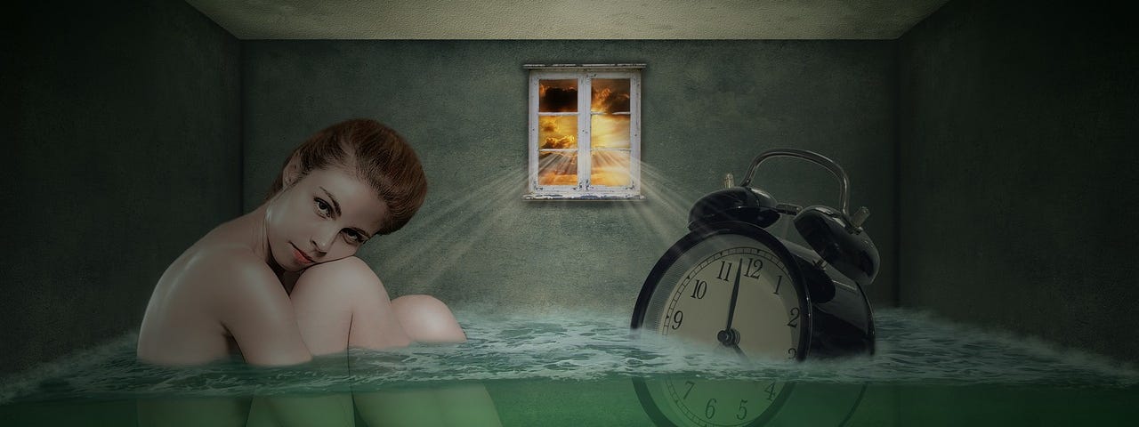 A young woman in her bath with a ticking time clock reminding her that she is living on borrowed time.