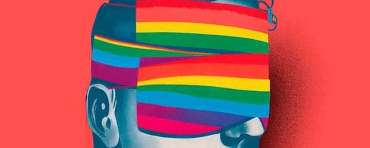 illustration of guy with rainbow-striped bandages over his eyes. detail from the book cover of GAY SHAME