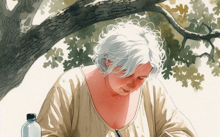 Image of a middle age, slightly plump, woman with white hair. She is sitting at a picnic table under th shade of a large oak tree. She looks very hot with perspiration falling on the notebook that she is writing in. Minimalism. Realism. Watercolor and ink.