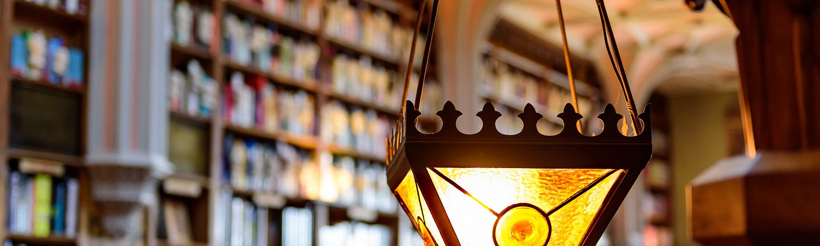 Decorative lantern with blurred bookshelf and unrecognisable people in the background