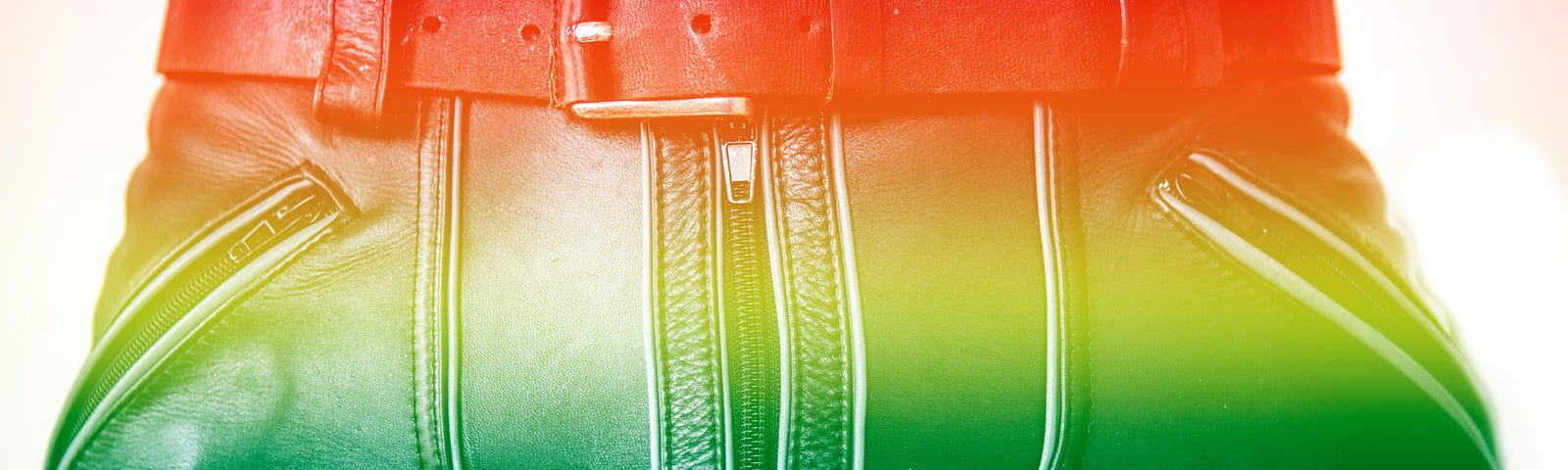 Close-up of leather pants with rainbow colors for gay Pride