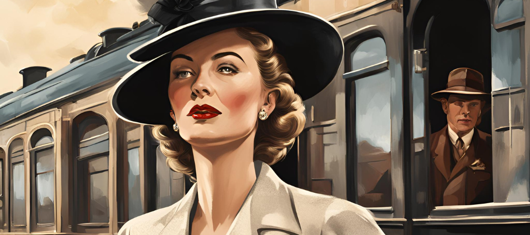 Colored drawing of a 1950s woman deboarding a train.